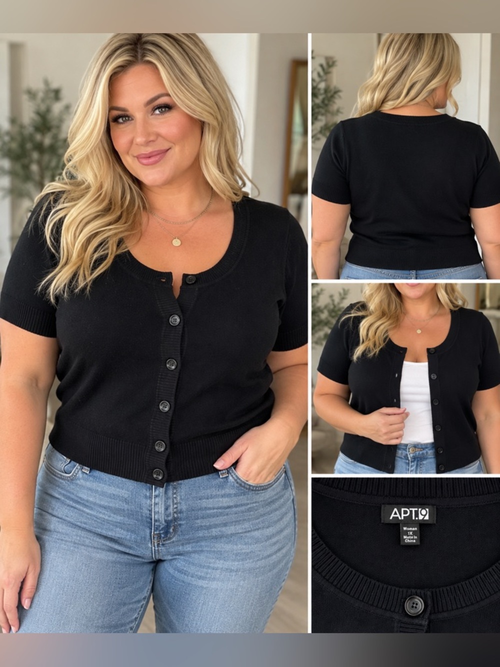 Apt. 9 Plus Size Black Short-Sleeve Button Cardigan Sweater